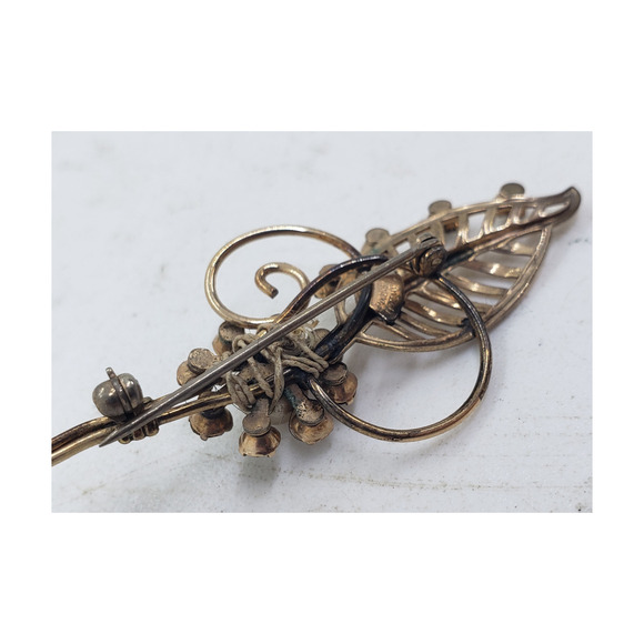 Vintage Van Dell 1/20 12K GF Gold Filled Rhinestone Pearl Leaf Floral Brooch Pin - Picture 4 of 14